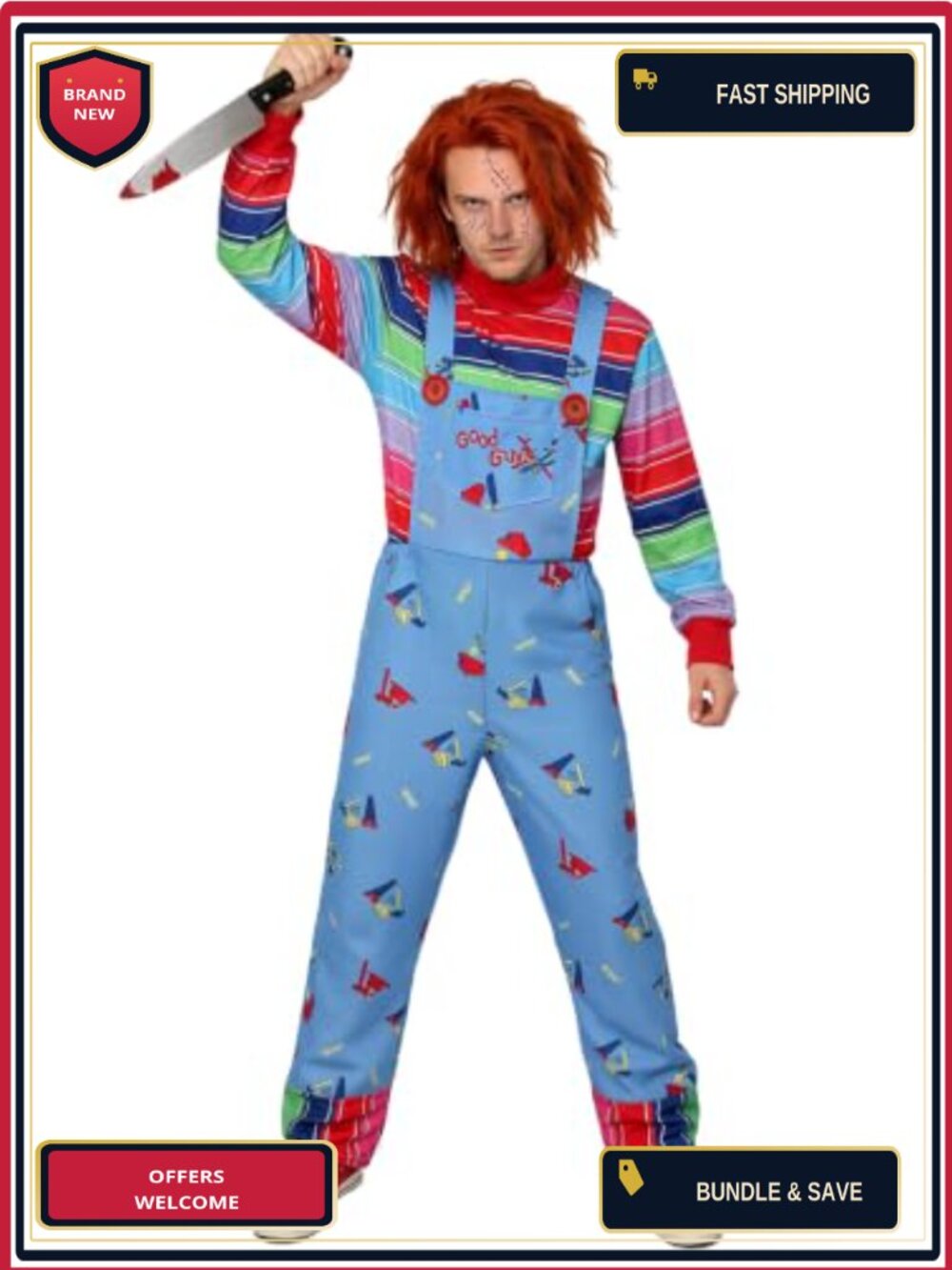 Unisex Adult Chucky Costume 8 Piece Halloween Party Cosplay Outfit